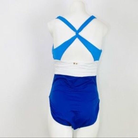Lauren Ralph Lauren BLUE Color-Block Twist Back Halter One-Piece Swimsuit US 10 - Picture 7 of 11